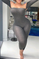 Grey Sexy Casual Solid Patchwork Backless Off the Shoulder Plus Size Jumpsuits