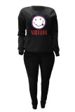 Black Casual Print Patchwork Basic O Neck Long Sleeve Two Pieces