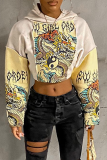 Apricot Street Print Patchwork Hooded Collar Tops
