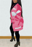 Pink Casual Print Cardigan Plus Size Overcoat