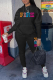 Black Casual Print Patchwork Hooded Collar Long Sleeve Two Pieces