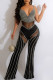 Black Sexy Patchwork Hot Drilling See-through Backless V Neck Regular Jumpsuits