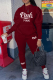 Burgundy Casual Print Letter Hooded Collar Long Sleeve Two Pieces