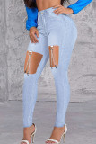 Deep Blue Casual Solid Ripped Patchwork Metal Accessories Decoration High Waist Skinny Denim Jeans