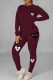 Burgundy Casual Print Patchwork O Neck Long Sleeve Two Pieces