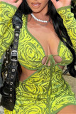 Green Sexy Print Bandage Hollowed Out Patchwork V Neck Long Sleeve Dresses