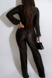 Black Sexy Solid Patchwork Fold V Neck Straight Jumpsuits