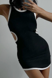 Black Sexy Solid Hollowed Out O Neck Pencil Skirt Dresses