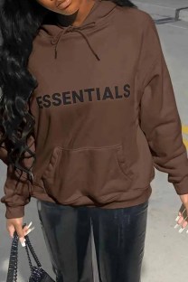 Dark Brown Casual Print Letter Hooded Collar Tops