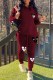 Burgundy Casual Print Patchwork Hooded Collar Long Sleeve Two Pieces