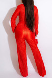Red Sexy Solid Patchwork Fold V Neck Straight Jumpsuits