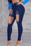 Deep Blue Casual Solid Ripped Patchwork Metal Accessories Decoration High Waist Skinny Denim Jeans