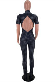 Blue Fashion Casual Print Hollowed Out Half A Turtleneck Skinny Jumpsuits