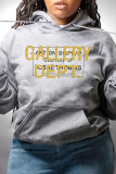 Grey Casual Letter Print Patchwork Hooded Collar Tops