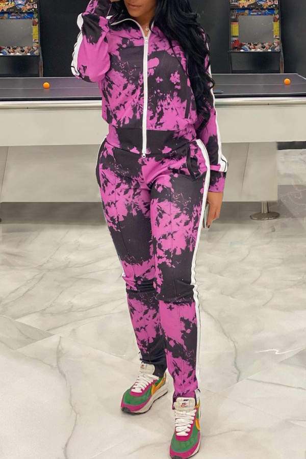 Purple Casual Print Patchwork Zipper Collar Long Sleeve Two Pieces