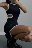Black Sexy Solid Hollowed Out O Neck Pencil Skirt Dresses
