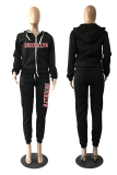 Black Street Print Letter Hooded Collar Long Sleeve Two Pieces