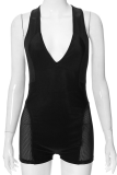 Black Sexy Solid Patchwork U Neck Skinny Rompers