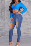 Medium Blue Casual Solid Ripped Patchwork Metal Accessories Decoration High Waist Skinny Denim Jeans
