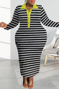 Black Casual Striped Print Patchwork Turndown Collar Long Sleeve Plus Size Dresses