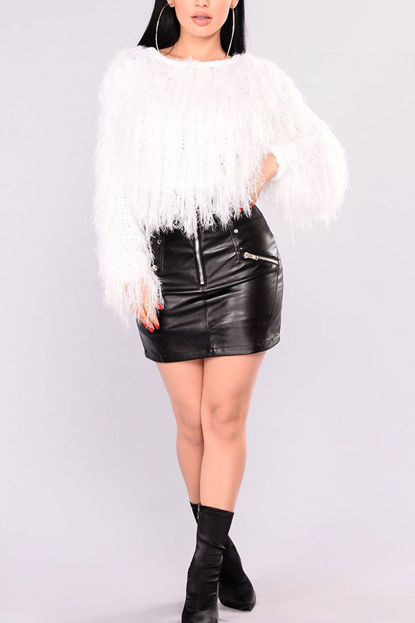 White O Neck Long Sleeve Solid Long Sleeve Tops