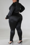 Black Sexy Solid Bandage Patchwork Turndown Collar Plus Size Two Pieces