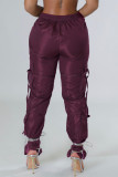 Burgundy Casual Solid Patchwork Regular Mid Waist Trousers