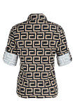 Light Khaki Fashion Casual Print Patchwork Buckle Turndown Collar Tops