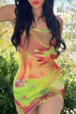 Colour Sexy Print Patchwork Spaghetti Strap Pencil Skirt Dresses