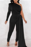 Black Casual Solid Patchwork Asymmetrical Oblique Collar Skinny Jumpsuits