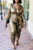 Rose Sexy Solid Patchwork V Neck Regular Jumpsuits