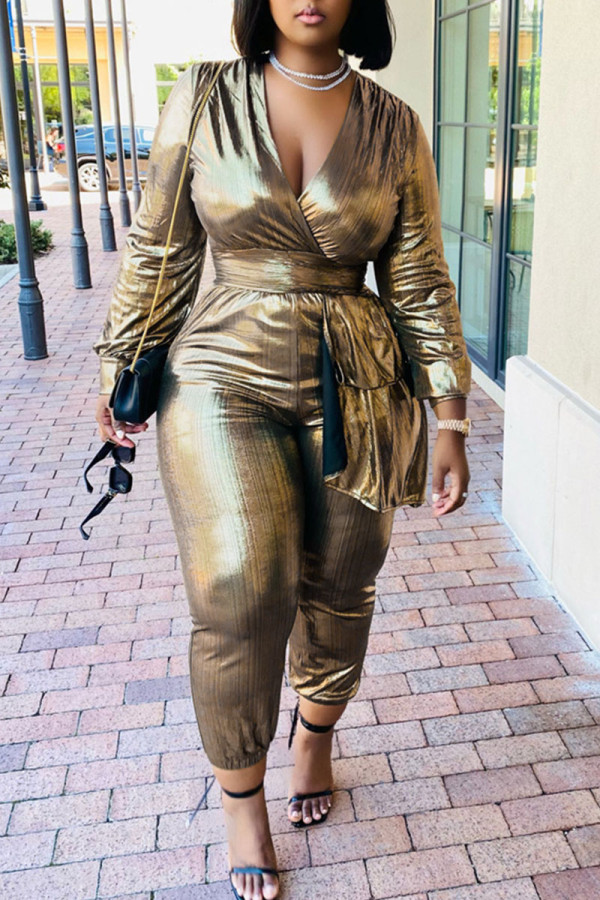 Gold Sexy Solid Patchwork V Neck Regular Jumpsuits