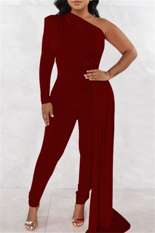 Burgundy Casual Solid Patchwork Asymmetrical Oblique Collar Skinny Jumpsuits
