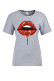 Navy Blue Casual Daily Lips Printed Patchwork O Neck T-Shirts