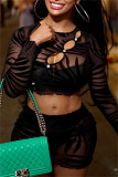 Black Sexy Patchwork Hollowed Out See-through O Neck Long Sleeve Two Pieces