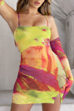 Colour Sexy Print Patchwork Spaghetti Strap Pencil Skirt Dresses
