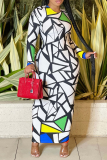 White Sexy Print Patchwork O Neck Pencil Skirt Dresses