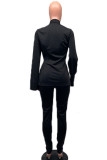 Black Casual Solid Bandage Patchwork Turn-back Collar Long Sleeve Two Pieces