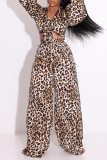 Leopard Print Sexy Print Leopard Bandage Patchwork V Neck Long Sleeve Two Pieces
