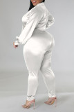 White Sexy Solid Bandage Patchwork Turndown Collar Plus Size Two Pieces