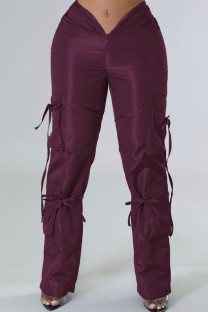 Burgundy Casual Solid Patchwork Regular Mid Waist Trousers
