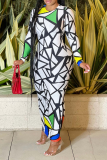 White Sexy Print Patchwork O Neck Pencil Skirt Dresses