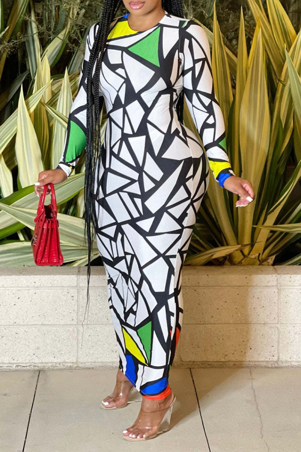 White Sexy Print Patchwork O Neck Pencil Skirt Dresses