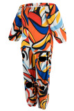 Rose Red Plus Size Sexy Street Print Hollowed Out Cut Out Off the Shoulder Plus Size Jumpsuits