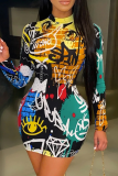 Yellow Sexy Print Patchwork Half A Turtleneck Pencil Skirt Dresses