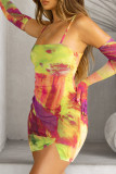 Colour Sexy Print Patchwork Spaghetti Strap Pencil Skirt Dresses