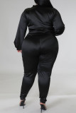 Black Sexy Solid Bandage Patchwork Turndown Collar Plus Size Two Pieces