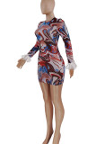 Multicolor Sexy Print Patchwork Feathers O Neck Pencil Skirt Dresses