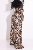 Leopard Print Sexy Print Leopard Bandage Patchwork V Neck Long Sleeve Two Pieces