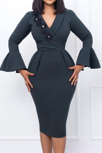 Dark Gray Casual Elegant Solid Patchwork Appliques V Neck One Step Skirt Dresses
